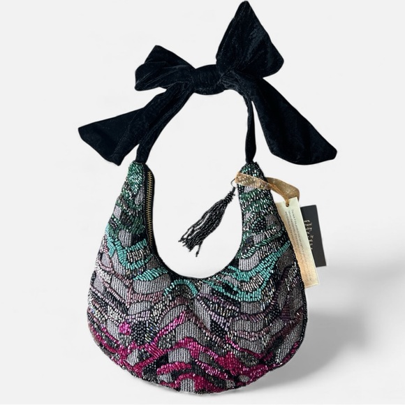 Beaded Hobo Bag With Black Velvet Bow-Pink/Blue/Purple/Black-Viral NWT - Picture 2 of 7